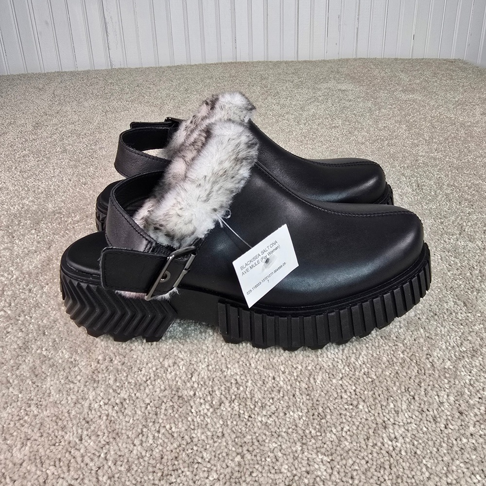 Sorel Ona Ave Mule Black Sea Salt Leather‎ Faux Fur Platform Clog NL5150-010 7.5 - Picture 3 of 8